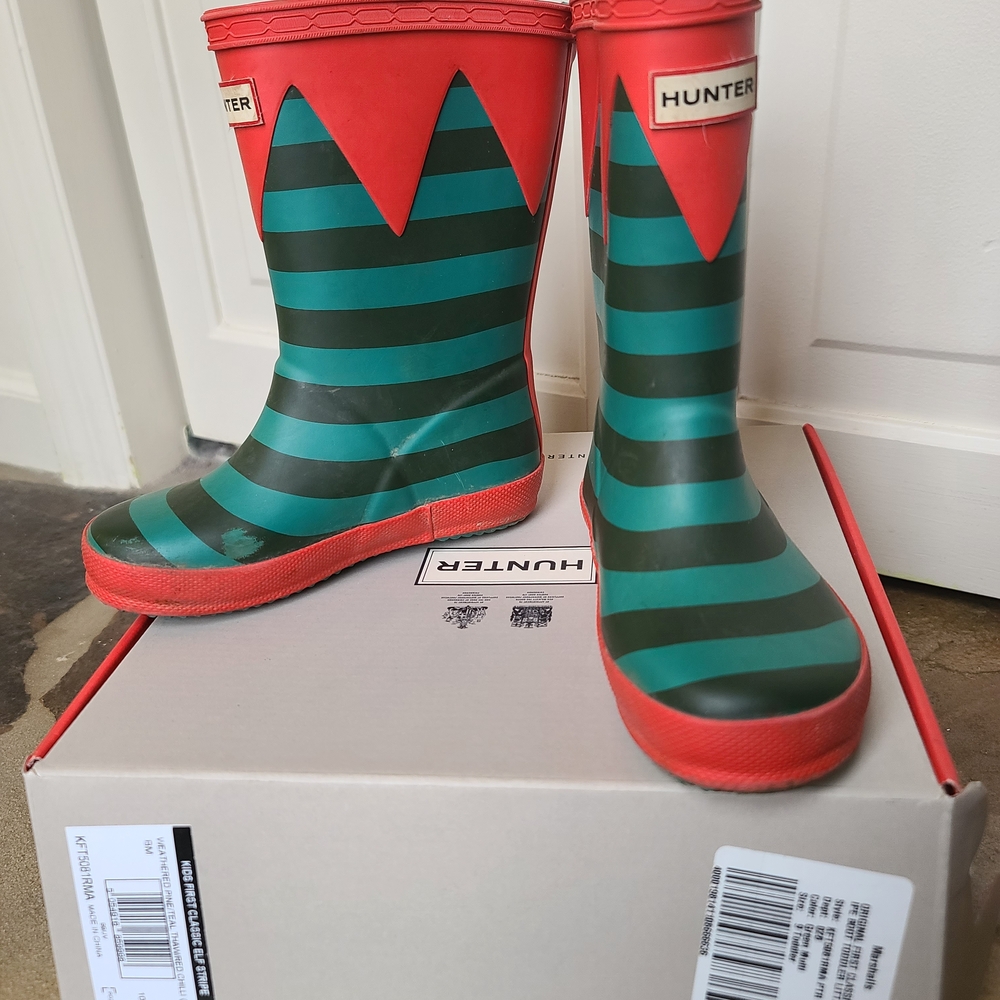 Hunter Kids Elf Red And Green Stripe Rain Boots